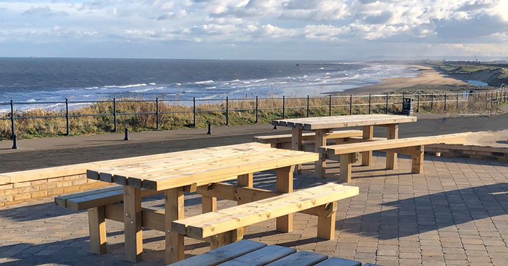 View of the north sea and crimdon dene beach from the visitor centre outdoor seating area.
